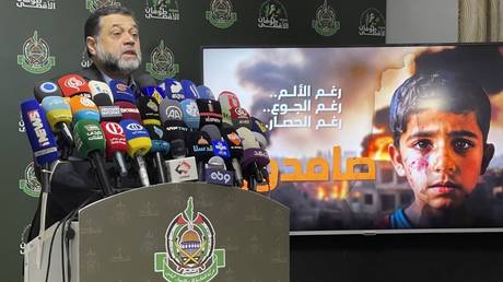 Hamas senior leader Osama Hamdan at a press briefing on Tuesday in Beirut, Lebanon.