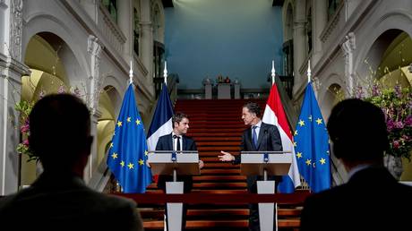 Dutch Prime Minister Mark Rutte (R) at a press conference with his French counterpart, Gabriel Attal (L), in The Hague on March 6, 2024.