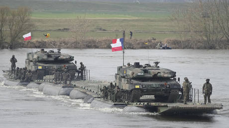 Polish and other NATO troops take part in military maneuvers Steadfast Defender 24 in Korzeniewo, in Poland on March 4, 2024.
