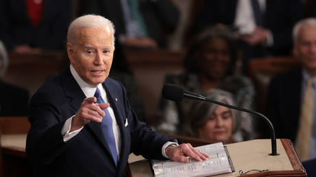 US President Joe Biden delivers a State of the Union address to Congress on March 7, 2024.