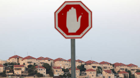 A sign in front of the Israeli settlement of Maale Adumim in the occupied West Bank on the outskirts of Jerusalem, August 16, 2023