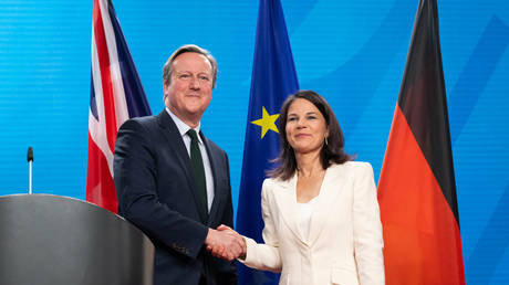 FILE PHOTO: British Foreign Secretary David Cameron meets German Foreign Minister Annalena Baerbock in Berlin, Germany, on March 7, 2024.
