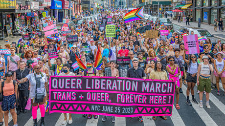 LGBTQ activists hold a demonstration march last June in New York City.