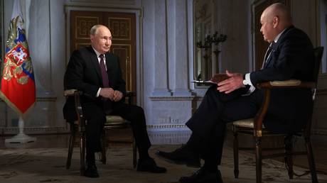 Russian President Vladimir Putin gives an interview to Dmitry Kiselyov.