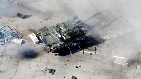 FILE PHOTO. A Ukrainian tank damaged during an attempted incursion into Russia’s Belgorod Region on March 12, 2024.