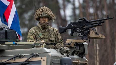 A British soldier of the NATO Response Force (NRF) at a training compound in Orzysz, Poland.