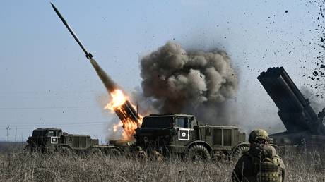 Russian Uragan multiple rocket launchers pictured near the town of Avdeevka on March 8, 2024.