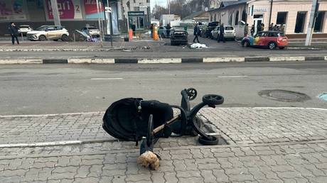 FILE PHOTO. A baby stroller on a street in the center of Belgorod, Russia after a Ukrainian strike