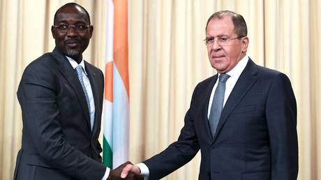 FILE PHOTO: Foreign Minister Sergei Lavrov, right, and Ibrahim Yacoubou, Niger's Minister of Foreign Affairs, Cooperation, African Integration and Nigeriens Abroad, at a news conference following talks, at the Foreign Ministry Reception House.