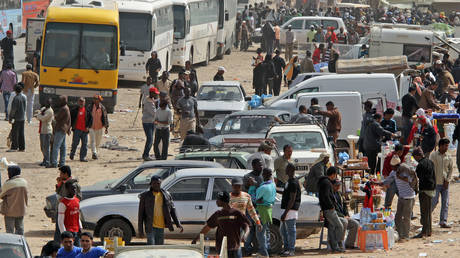 FILE PHOTO: Buses line up in Ras Jdir, Tunisia.