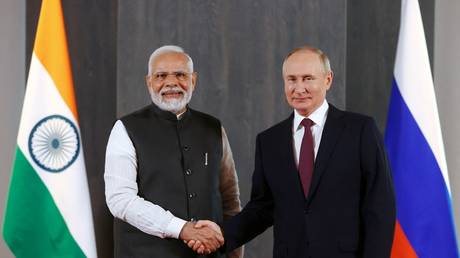 Russian President Vladimir Putin meets with India's Prime Minister Narendra Modi on the sidelines of the Shanghai Cooperation Organisation (SCO) leaders' summit in Samarkand on September 16, 2022.