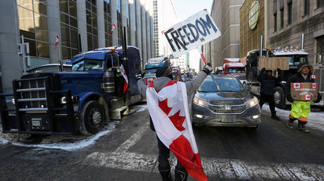 FILE PHOTO. A scene from the 'Freedom Convoy' trucker protest against Covid-19 mandates and restrictions in Ottawa, Ontario, February 5, 2022.