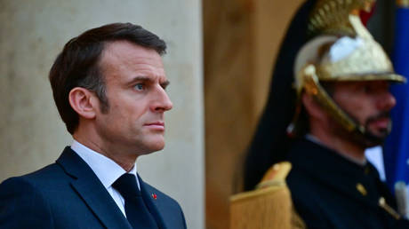  French President Emmanuel Macron waits to greet Lithuania's president prior to their meeting at the Elysee Palace in Paris on March 12, 2024.