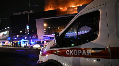 An ambulance at the Crocus City Hall in Moscow Region, where a mass shooting took place on March 22, 2024.
