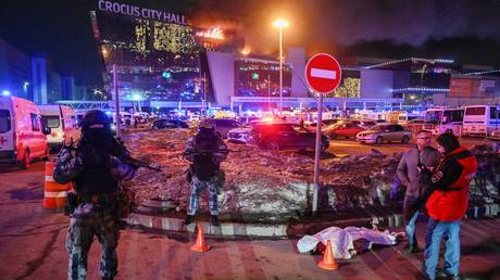 Russian police outside the Crocus City Hall concert venue outside Moscow, March 22, 2024.