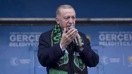 Turkish President and Leader of Justice and Development (AK) Party Recep Tayyip Erdogan addresses the crowd during his party's election rally prior to the municipal elections in Kilis, Turkiye on March 21, 2024.