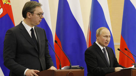 FILE PHOTO: Russian President Vladimir Putin and his Serbian counterpart Aleksandar Vucic give a joint press conference following their talks in Sochi in 2019.