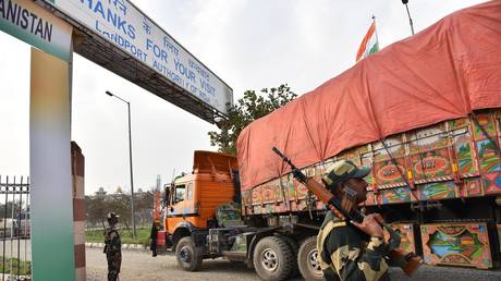 A truck carrying wheat from India passes through the Attari-Wagah border between India and Pakistan on February 22, 2022 in Amritsar, India.