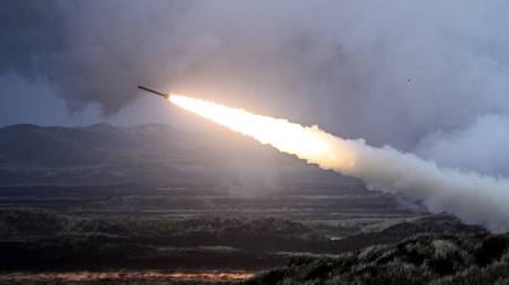  An M142 HIMARS rocket fired during a military exercise.