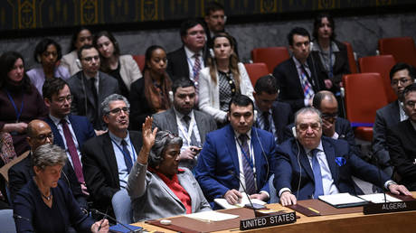 Linda Thomas-Greenfield (2nd L), the US envoy to the UN, at the UN Security Council meeting on March 25, 2024.