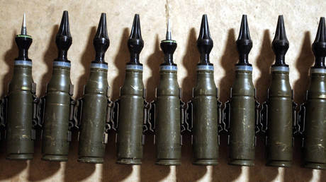 FILE PHOTO. A row of US Army 25mm rounds of depleted uranium ammunition.
