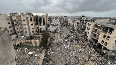  An aerial view of buildings destroyed in Israeli strikes on Gaza