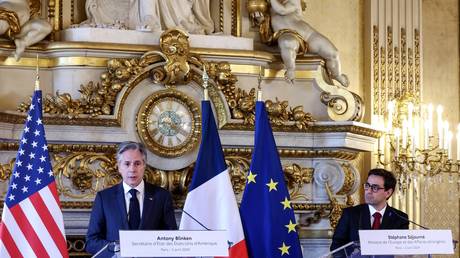US State Secretary Antony Blinken (L) and French Foreign Minister Stephane Sejourne (R) hold a joint press conference in Paris, France, on April 2, 2024.