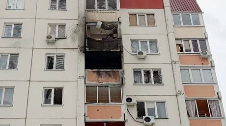 An apartment complex in Russia’s Voronezh that was damaged by a Ukrainian drone on January 16, 2024.