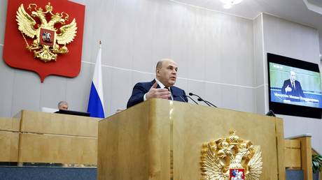 Russian Prime Minister Mikhail Mishustin at the State Duma in Moscow, April 3, 2024.