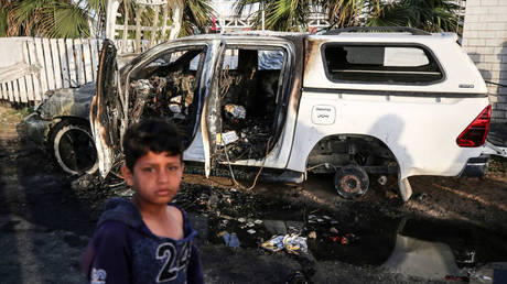 A vehicle in Deir Al-Balah, central Gaza, where employees from the World Central Kitchen (WCK) were killed in an Israeli airstrike