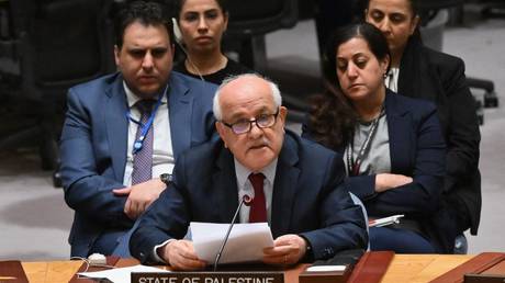 Riyad Mansour speaks during a UN Security Council meeting on the situation in the Middle East at the UN headquarters in New York City, March 25, 2024
