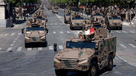French soldiers drive an EBRC Jaguar on Bastille Day in Paris, July 14, 2023.