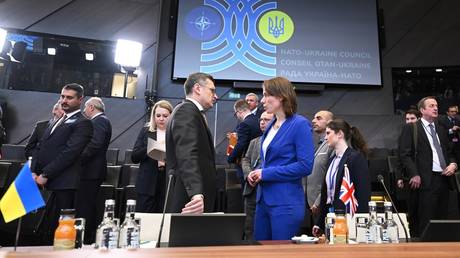 FILE PHOTO: Ukrainian Foreign Minister Dmitry Kuleba (center left) attends a NATO meeting in Brussels, Belgium on April 04, 2024.