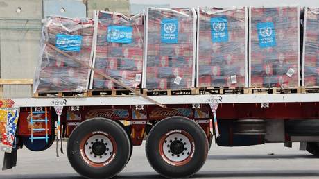 A truck carrying humanitarian aid is halted at the Kerem Shalom border crossing in Israel, March 14, 2024