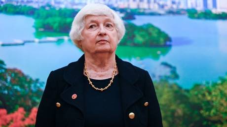 Janet Yellen attends a press conference after meeting with Chinese Vice Premier He Lifeng in Guangzhou, Ukraine, April 6, 2024