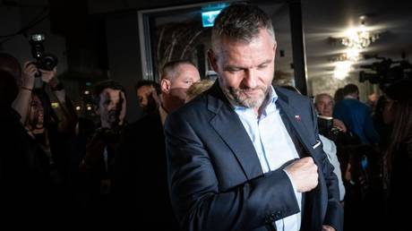 Presidential candidate Peter Pellegrini at a polling station in Rovinka, Slovakia, April 6, 2024.