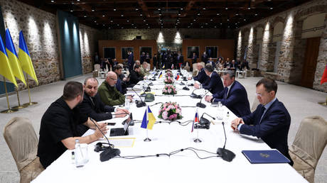Talks between Russian and Ukrainian representatives in Istanbul, Türkiye, in April 2022.