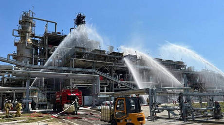 FILE PHOTO: A refinery on fire in Russias Rostov Region.
