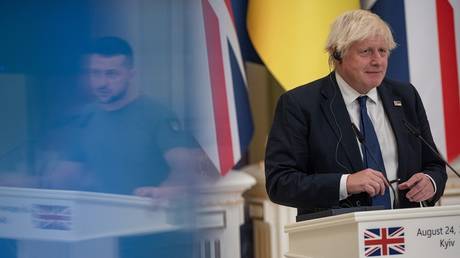 FILE PHOTO: British Prime Minister Boris Johnson during a joint press conference with Ukrainian President Vladimir Zelensky in August 2022.