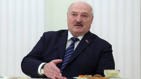 Belarusian President Alexander Lukashenko at a meeting with Russian President Vladimir Putin in Moscow, Russia, April 12, 2024.