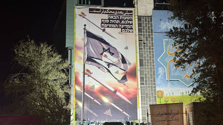 A new wall mural is displayed at Palestine Square picturing Iran's attack on Israel in Tehran, Iran on April 14, 2024.