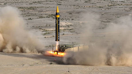 A handout picture provided by Iran's Defence Ministry on May 25, 2023, shows the testing of the fourth generation Khorramshahr ballistic missile.