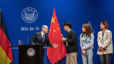 German Chancellor Olaf Scholz at Shanghai's Tongji University as part of his three-day visit to China.