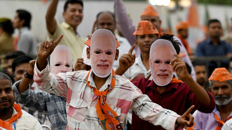 People gather to attend the BJP campaign rally for Lok Sabha Elections on April 13, 2024 in New Delhi, India.