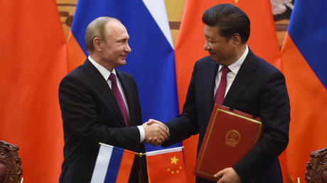 Russian President Vladimir Putin (L) shakes hands with Chinese President Xi Jinping.