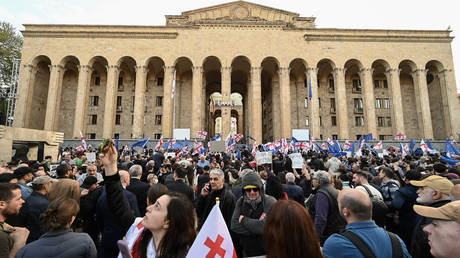 Protest held against a "foreign agents" bill outside the parliament in Tbilisi, Georgia on April 15, 2024.