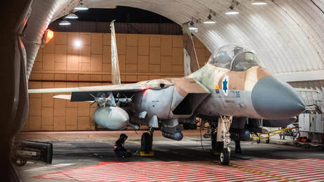 An Israeli Air Force fighter is shown in a handout by the IDF on April 14, 2024.