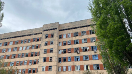 A damaged healthcare facility is seen in the town of Gorlovka in the wake of a Ukrainian strike on April 18, 2024.