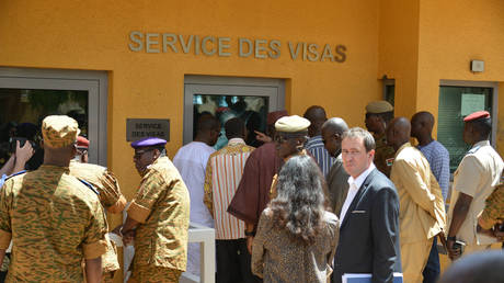 FILE PHOTO: Burkinabe soldiers visit the French embassy.