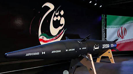 FILE PHOTO: An Iranian “hypersonic” ballistic missile unveiled in June, 2023.